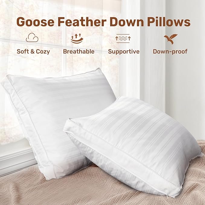 UNIKOME Goose Feathers and Down Pillows with 2 Gusseted Outer Protectors, White Cotton Fabric Bed Pillows for Back Stomach Side Sleepers, King Size, 20 x 36 inches, Pack of 2