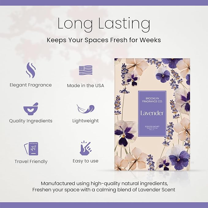 Brooklyn Fragrance Co. Spring Florals Sachet Bags – Lavender Scented Pouches – Perfect Aroma for Drawers, Closets, Cars and Bathrooms – Long-Lasting Fresh Scent Sachets (6- Pack)