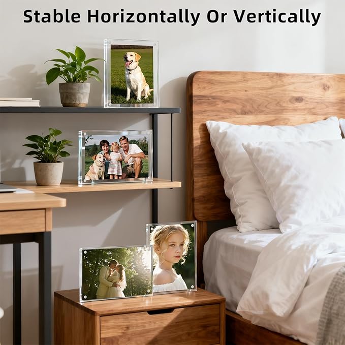 Magnetic Acrylic Picture Frame 4x6 (3-Pack) – Clear Lucite Double-Sided Frameless Photo Display 20mm Thick UV Resistant, Floating Design with Strong Magnets for Home, Office, and Gift