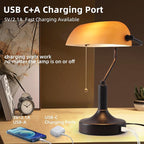 Vintage Bankers Desk Lamp with Pull Chain Switch, Traditional Desk Lamp with USB A and Type C Charging Port, Oil Rubbed Bronze Table Lamp with Amber Glass Shade for Office, Library, Study Room