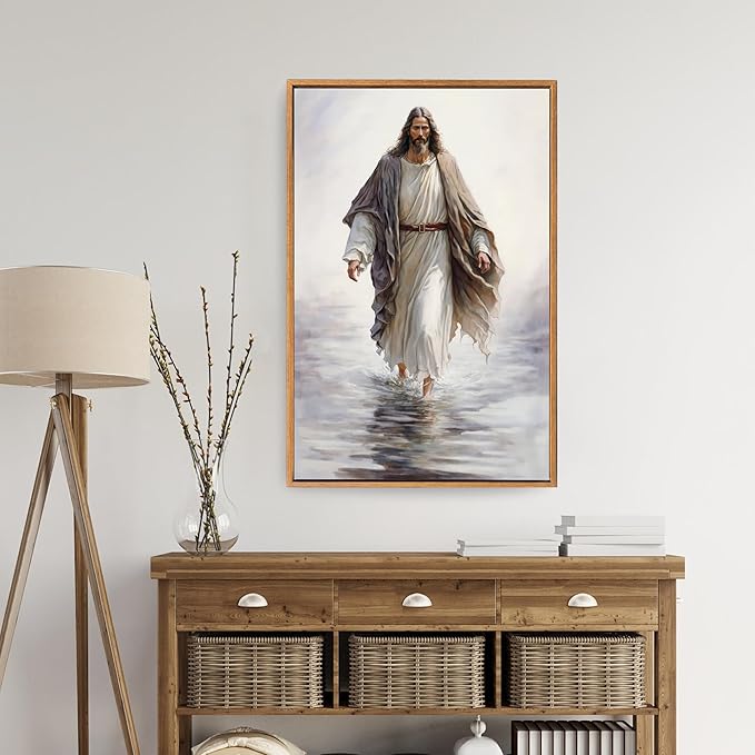 Fantasy Artists Framed Jesus Christ Wall Art Jesus Walking On Water Canvas Wall Decor Christian Painting Prints Biblical Religious Room Decor for Church Prayer Room Christian School Hospital 16" x 24"