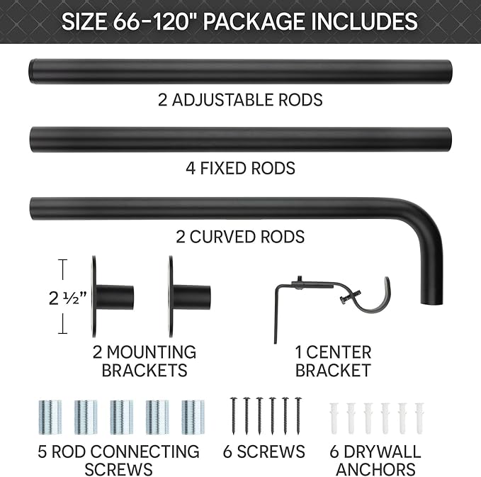 Blackout Curtain Rod Wrap Around Design - Adjustable 66-120 Inches - Wall/Ceiling Mount - Heavy Duty Metal - Room Darkening French Return Drapery Hardware - Modern Minimalist Bracket - Matte Black