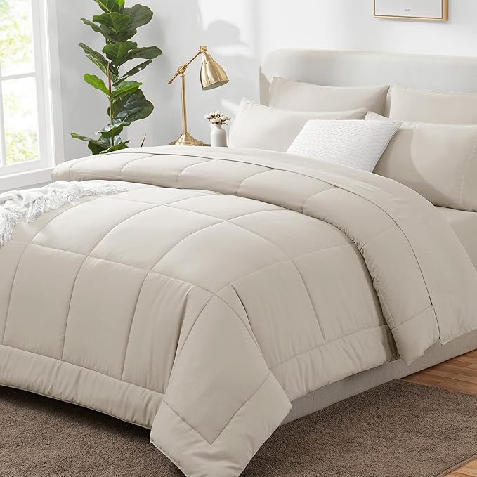 CozyLux Full Size Comforter Sets Beige, 7 Pieces Bed in a Bag, Beige Comforter Full Size, All Season Bedding Sets with Stitch Quilted Comforter, Flat Sheet, Fitted Sheet, Pillowcases