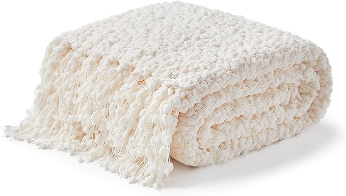 Amélie Home Knit Throw Blanket with Tassels for Couch, Luxury Boho Throw Blanket for Summer Ivory, 50"x60"