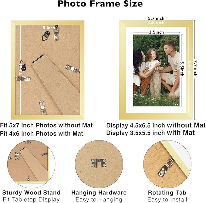 12 Packs 5x7 Picture Frames Bulk, Display 4x6 with Mat or 5x7 Without Mat, Gold Gallery Frame Set, 5 by 7 Frames Bulk Set of 12, Collage Wall Decor Photo Frame Set for Wall and Tabletop, Gold