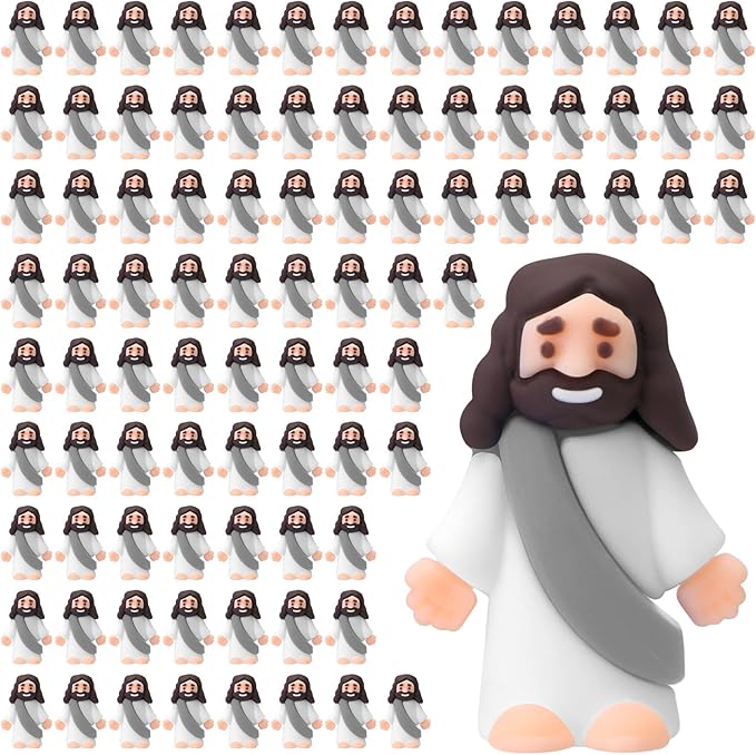 Bememo 100 Pcs Jesus Toys Original Design Mini Rubber Little Jesus Figurine to Hide and Seek Religious Party Favors Sunday School Craft Baptism Gifts for Easter Egg Stuffers (Gray)