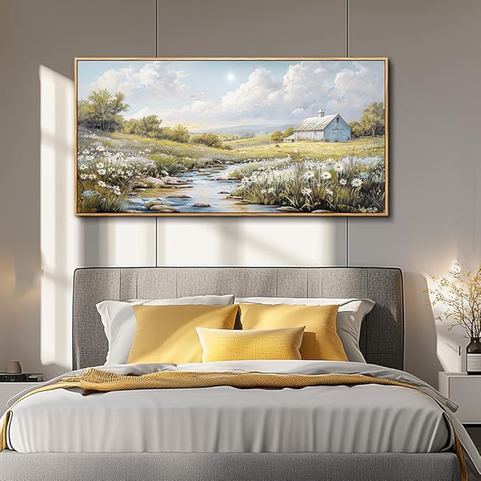 PHAOHUAXM Wood Framed Wall Art For Living Room Large Canvas Wall Decor For Bedroom Flower Watercolour Painting Office Decor Countryside Scenery Wall Picture Printing Artwork Home Decor 20x40 In