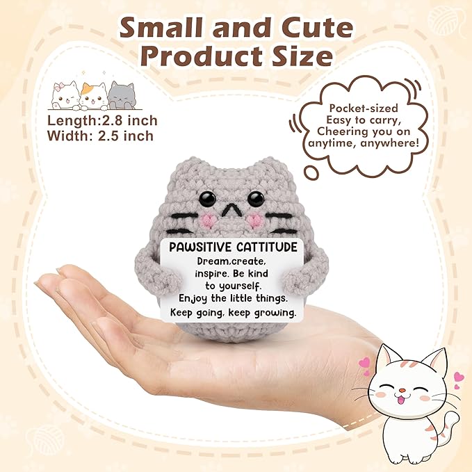 Crochet Cat Easter Basket Stuffers Positive Cat Crochet for Friend for Mom Grandma Dad Grandpa Daughter Son Gifts, Emotional Coworker Sister Brother Support Small Birthday Gifts