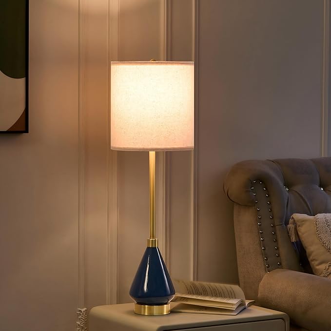 32" Blue Gold Buffet Table Lamps for Living Room Set of 2, Ceramic Buffet Lamps Set of 2 for Console Table, Tall Navy Blue Lamps Set 2, Contemporary Candlestick Lamps for Hallway, Credenza, Bedroom