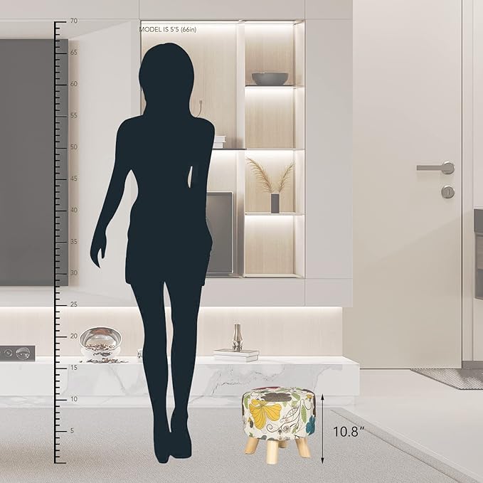 Asense Small Round Ottoman Foot Rest Stool Linen Padded Seat Footstool Ottoman with Anti-Slip Wooden Legs (Flower,Linen)