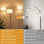 36W LED Arc Floor Lamp with 3 White Fabric Shades, 3000LM Super Bright Standing Lamp with Remote Control & Touch, Stepless Dimming, Individual Light Control for Living Room, Bedroom