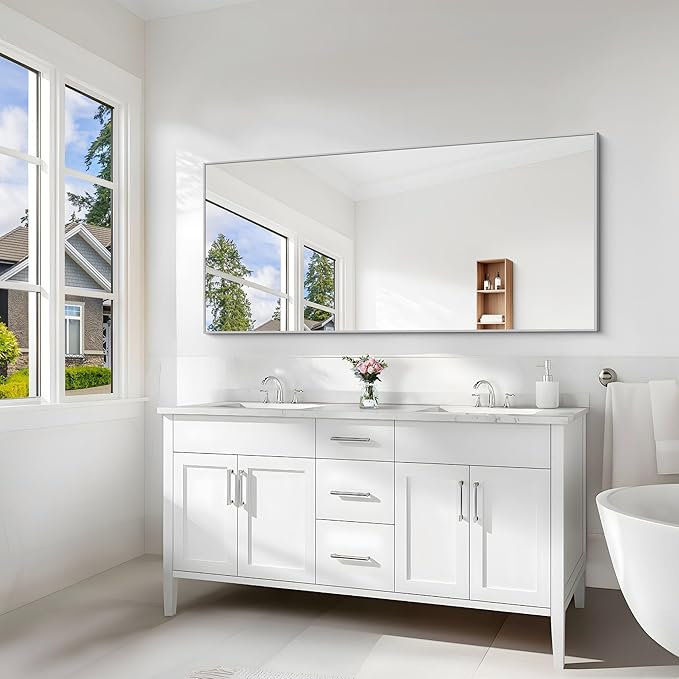 Silver Bathroom Mirror for Wall, 30x60 Inch Rectangle Mirrors with Metal Frame, Modern Vanity Large Wall Mirror for Bathroom Living Room, Entryway Hangs Horizontal or Vertical