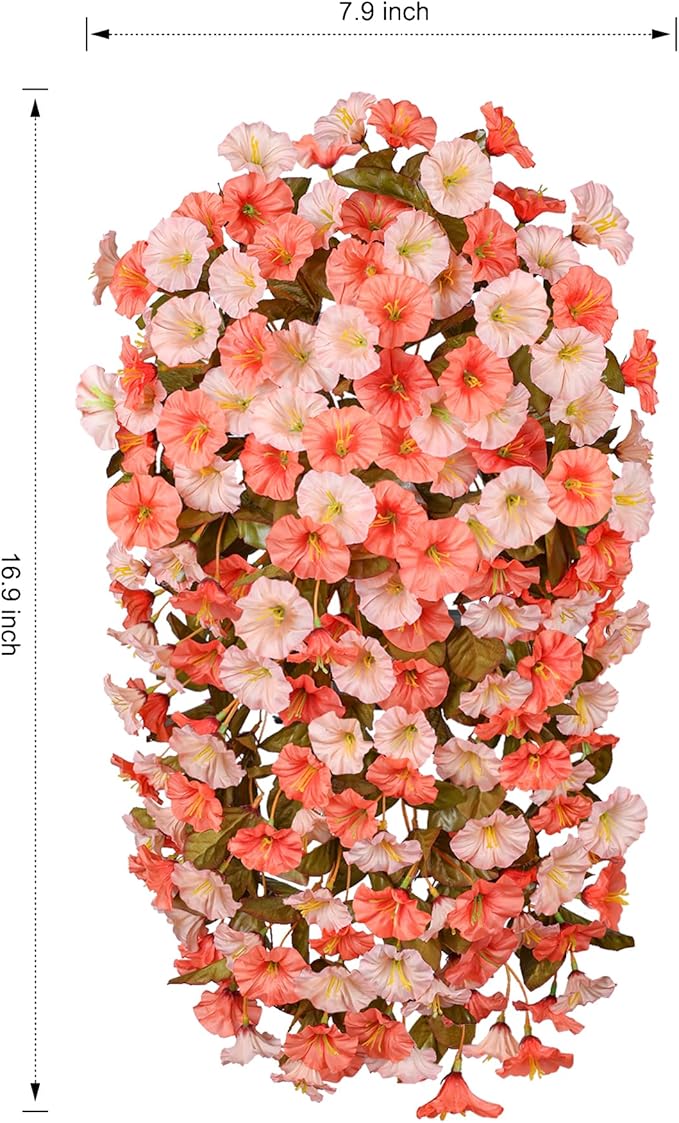 HyeFlora Artificial Fake Fall Hanging Flowers for Outdoor Decor, 2PCS Faux Silk Morning Glory Hanging Plants Mums Vine for Home Garden Wall Party Indoor Outside Decoration (Fall Orange+Light Orange)