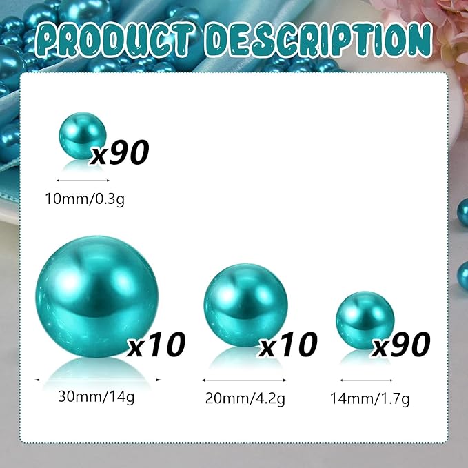 200PCS Lake Blue Faux Pearls Beads for Centerpiece Vases, Vase Filler Faux Pearls, No Holes Filler Beads for Party Anniversary Birthday Wedding Table Decor, 10/14/20/30mm