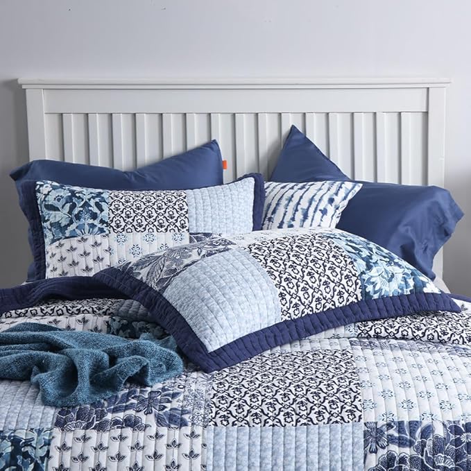 ENASAL Cotton Bedspread Quilt Sets Reversible Bedding Coverlet Sets Luxury Floral White Blue Real Patchwork Bedspread, King Size