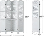 Room Divider with Shelves, 68.9inch Wood Carved and Louvered Wall Divider Freestanding, 4 Panels Folding Partition Screen for Bedroom Home Office (White)