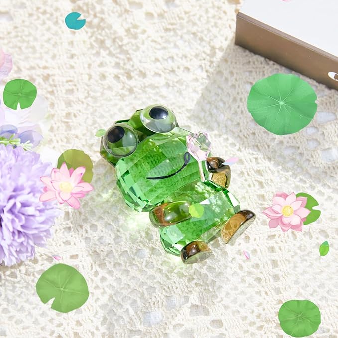 Crystal Frog Figurine - Glass Animals Desk Decor & Home Office Ornament, Collectible Art Gifts for Frog Lovers