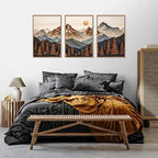 HLNIUC Large Boho Mountain Framed Canvas Wall Art Set,Woodcut Style Mountain Wall Decor,Vintage Forest Pine tree Art Prints,Nature Sunrise Landscape Wall Painting for Living Room,Bedroom - 16”x24”x3