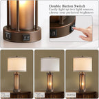 Set of 2 Farmhouse Table Lamps for Living Room with 2 USB Charging Ports, Vintage Rustic Nightstand Lamps with Amber Glass Nightlight, Retro Desk Lamps for Bedroom Entryway, 4 Bulbs Included (Brown)