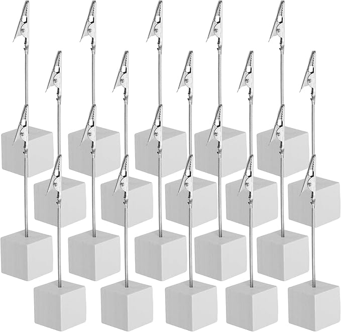 PATIKIL Place Card Holder, 20Pcs Memo Clip Holder Stand with Alligator Clasp Table Number Holders Wooden Base for Pictures Note Card Paper, White