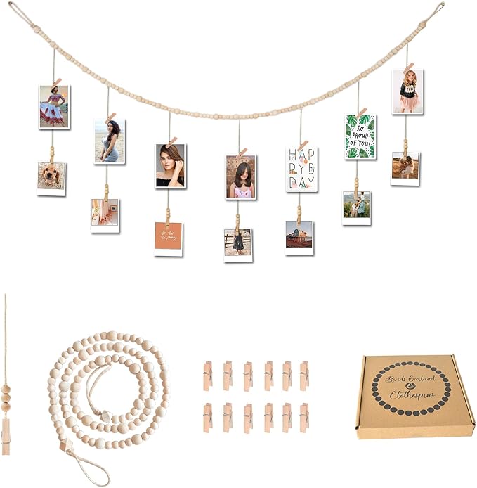 4 Feet Wooden Beads Garland with Clothespins Picture Cards Holder - Country Farmhouse Christmas Nursery Boho Holiday Decorations with Clips