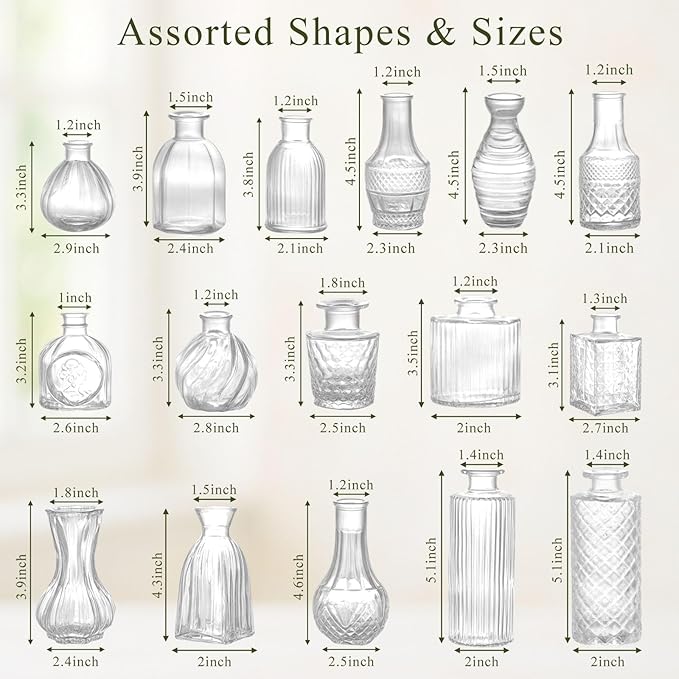 DomeStar 16PCS Glass Bud Vases Set for Bouquet, Small Clear Cylinder Vases for Table Centerpieces Wedding Home DIY