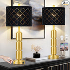 Set of 2 Modern Table Lamps for Living Room Bedroom,29" Tall Bedside Lamp with 2 USB Port,Gold Metal Touch Nightstand Lamp with Black Grid Shade for End Table Entryway,Gold