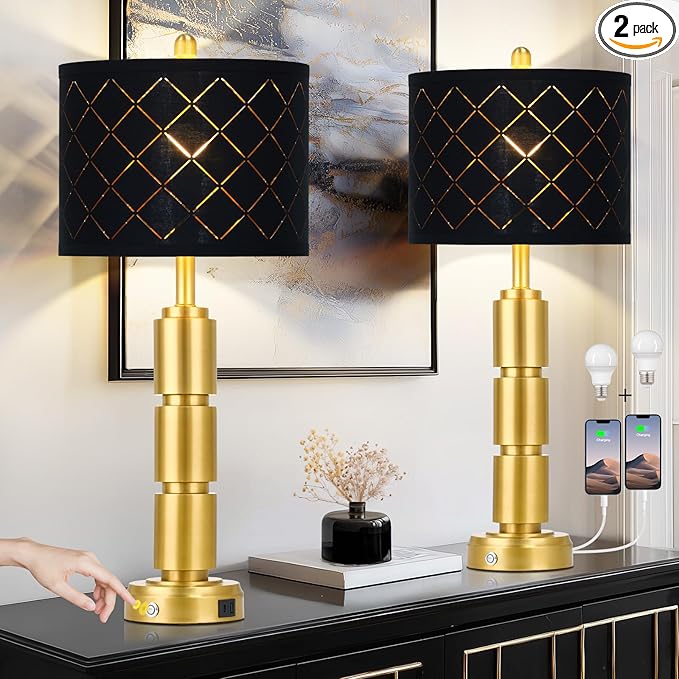 Set of 2 Modern Table Lamps for Living Room Bedroom,29" Tall Bedside Lamp with 2 USB Port,Gold Metal Touch Nightstand Lamp with Black Grid Shade for End Table Entryway,Gold