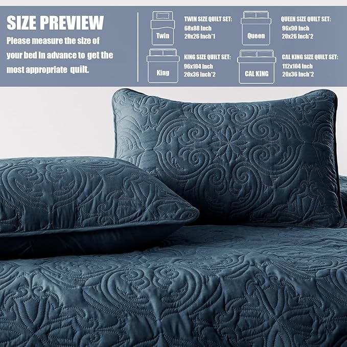 Exclusivo Mezcla Quilts King Size Bedspread with 2 Pillow Shams, Lightweight Navy Blue King Quilt Bedding Set with Vintage Damask Pattern, Soft Bedspreads Coverlets for All Seasons