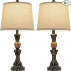 Set of Modern Table Lamps with USB-C & USB Ports, Rotating Knob Switch, Linen Shade + Resin Base Rustic Farmhous (Black Gold/Oil Bronze)