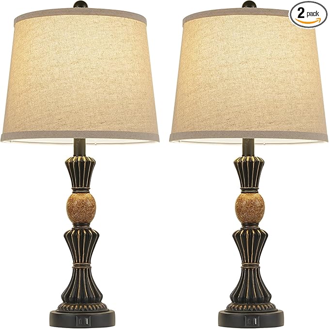 Set of Modern Table Lamps with USB-C & USB Ports, Rotating Knob Switch, Linen Shade + Resin Base Rustic Farmhous (Black Gold/Oil Bronze)