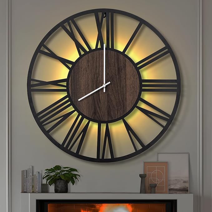 LEIKE Large LED Wall Clocks,Silent,Non Ticking,Battery Operated Rustic Round Modern Big Wood Wall Clock for Living Room, Bedroom,Kitchen,Farmhouse,Office,Home Decor -32" Black,LED,Roman Number