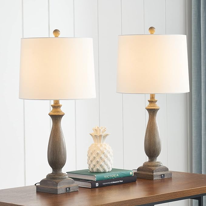 𝟐𝟔-𝐈𝐍𝐂𝐇 Rustic Table Lamp Set of 2 for Living Room, Vintage Farmhouse Bedside Lamp with USB Charging Port, 3 Way Dimmable Resin Nightstand Lamps with White Shade for Bedroom, End Table