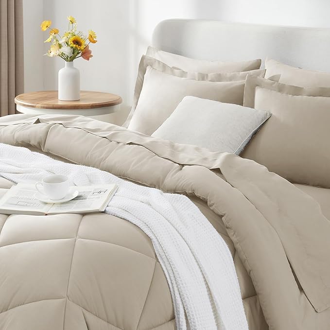CozyLux King Size Comforter Set Oatmeal - 7 Pieces Bed in a Bag King, Luxury Soft Bed Set for All Seasons, Bedding Set with Down Alternative Comforter, Sheets, Pillowcases & Shams