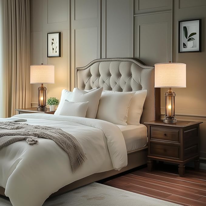 Set of 2 Farmhouse Table Lamps for Living Room, Rustic Vintage Bedside Lamps with 2 USB Ports, Bedroom Nightstand Lamp with Amber Glass Nightlight for End Table Entryway, 4 Bulbs Includes