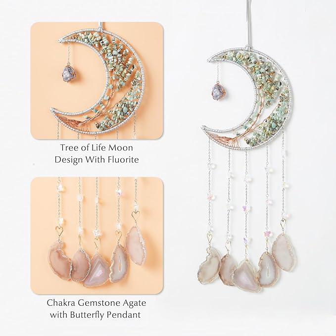 Agate Gemstone Big Dream Catcher 7 Chakra Tree of Life Dream Catcher with Crystal Stones Handmade Dreamcatcher Wall Decor for Adults Boys Girls,Bedroom,Garden,Bless Gift(Large Aqua Moon)