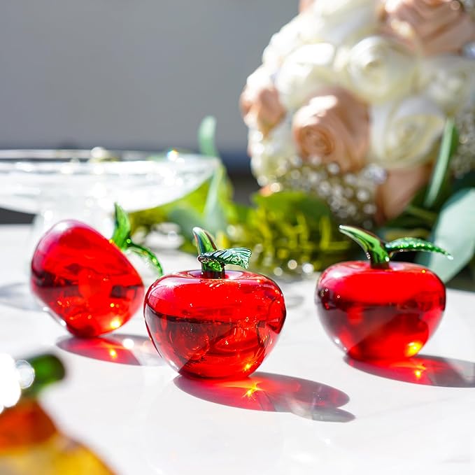 Hand Blown Glass Red Apple Figurine Crystal Fruits Collectibles Apples Art Ornament Decoration for Home Office Kitchen Gift for Women