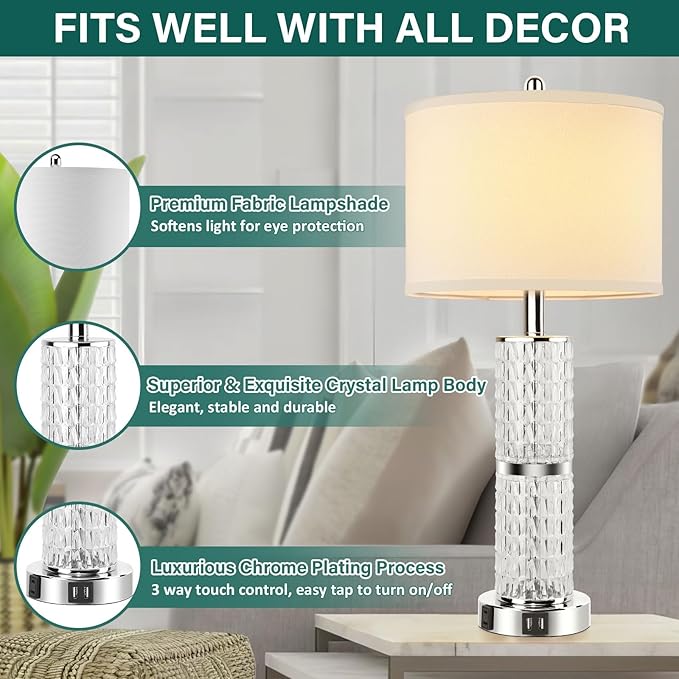 3-Way Touch Control Crystal Table Lamps Set of 2, Silver Modern Bedside Lamp with 2 USB Ports & AC Outlets for Living Room, 26' Tall Desk Lamps with White Drum Shade for Bedroom, 2 Free Bulbs Included