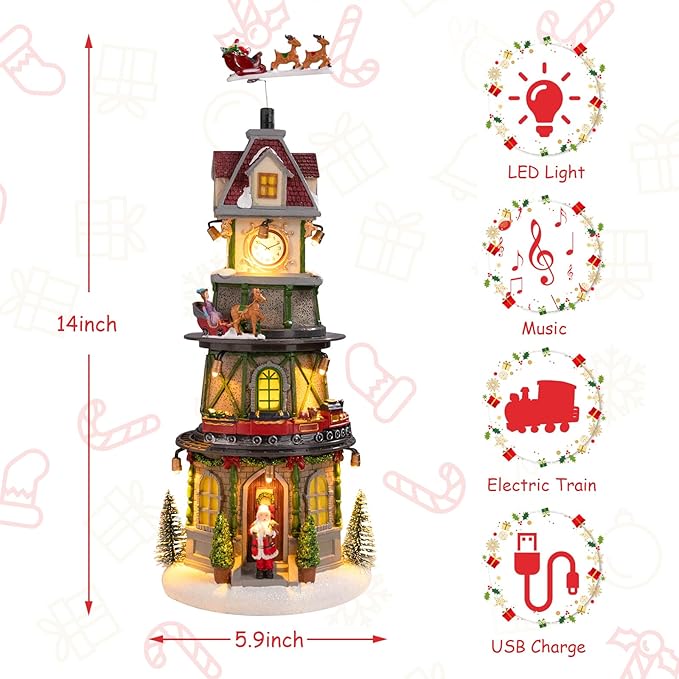 Taman Christmas Village Collectible Buildings, Clock Tower Figurine with Revolving Train Music, Warm Light Christmas Ornaments for Holiday Decorations