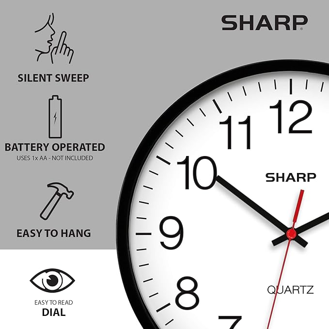 Sharp Wall Clock Silent Non Ticking 10 Inch Quality Quartz Battery Operated Round Easy to Read Home/Kitchen/Office/Classroom/School Clocks, Sweep Movement,Black