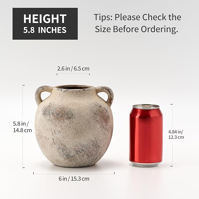 Antique Ceramic Vase, 5.8 Inch Terracotta Vase with Handles, Decorative Rustic Vase for Home Decor, Farmhouse, Living Room, Table, Bedroom, Entrance, Office - Gray