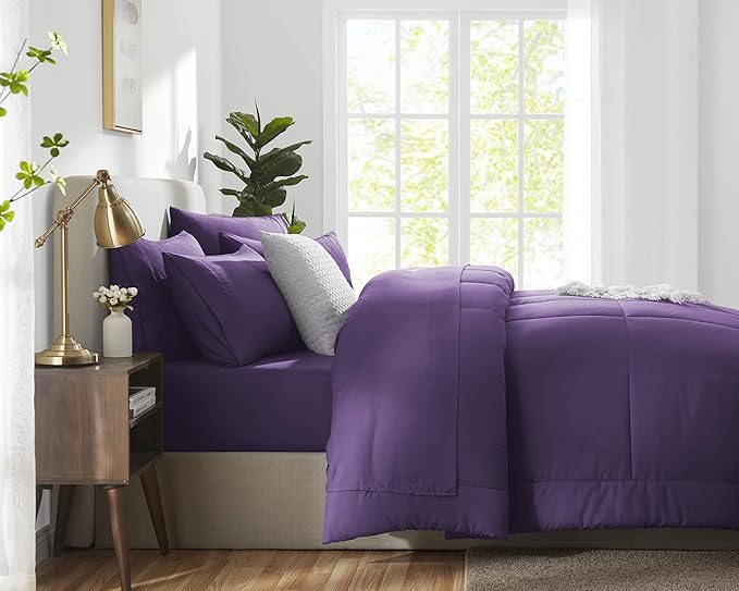 CozyLux Queen Comforter Set Purple, 7 Pieces Bed in a Bag, Purple Comforter Queen Size, All Season Bedding Sets with Stitch Quilted Comforter, Flat Sheet, Fitted Sheet, Pillowcases