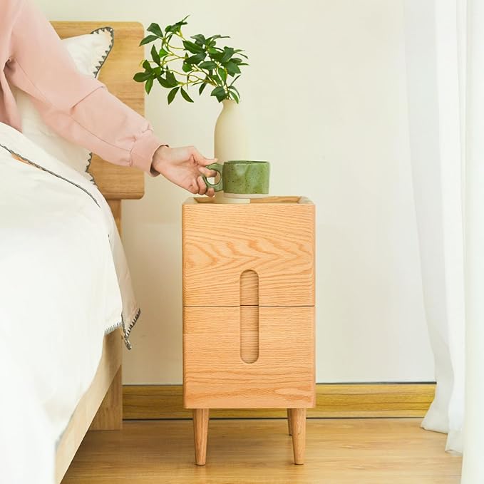 Mid Century Modern Nightstand, Narrow Nightstand, Minimalist Side Table for Bedroom, 2-Drawer Bedside Tables, (Natural, 9.84inches)