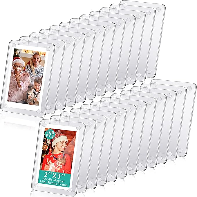 Remerry 100 Pcs Acrylic Fridge Magnetic Frames for Photos Compatible with Polaroid Instax Mini Pictures Double Sided Clear Refrigerator Magnetic Frame for Family Friend Holiday Gift, 2.36 x 3.54 Inch