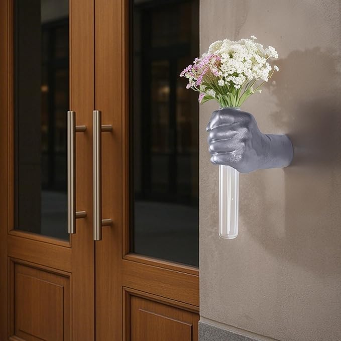 Silvery Wall Sculptures, Hand Vases Home Decor, Wall Mount Art Sculpture, Unique Wall Art Statue, Funky Flower Vase Decorations, Modern Eclectic Hanging Decor,Glass Test Tube Vase (Silvery)