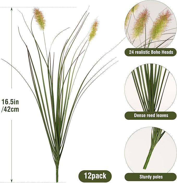 Artificial Grass, Fake Grass, Artificial Shrubs, Wheatgrass Cattails Fake Grass Decorations, Artificial Plants, Ornamental Grass, Outdoor Fake Grass, Green Leafy Decorations (12PCS)