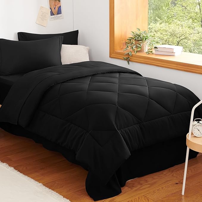 CozyLux Twin Comforter Set with Sheets Black - 5 Pieces Bed in a Bag Twin, All Season Bed Set for Girls and Boys, Bedding Set with Down Alternative Comforter, Sheets, Pillowcase & Sham