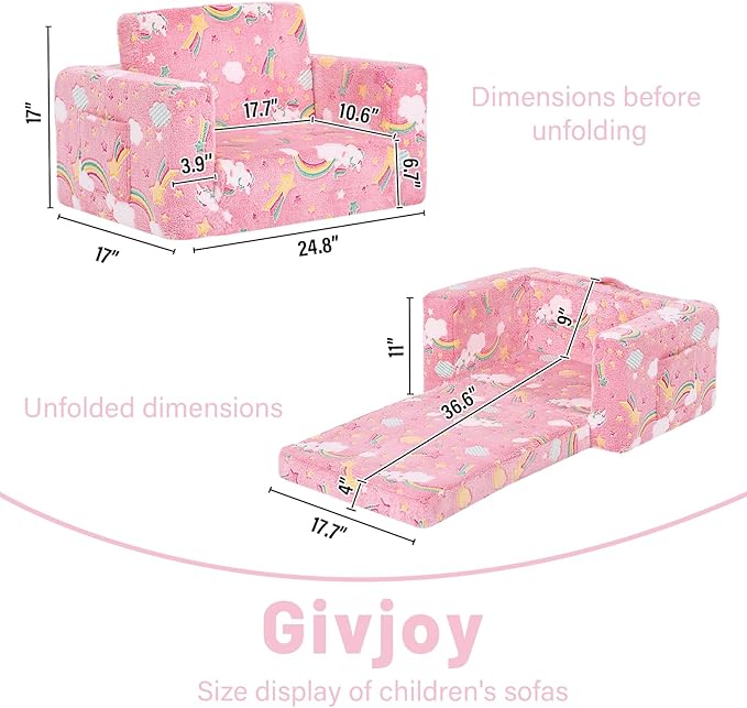 Toddler Chair Kids Couch, 2-in-1 Comfy Armchair with Removable and Washable Cover Carrying Handle, Convertible Reading Chair Toddler Couch for Girls and Boys, Pink Rainbow