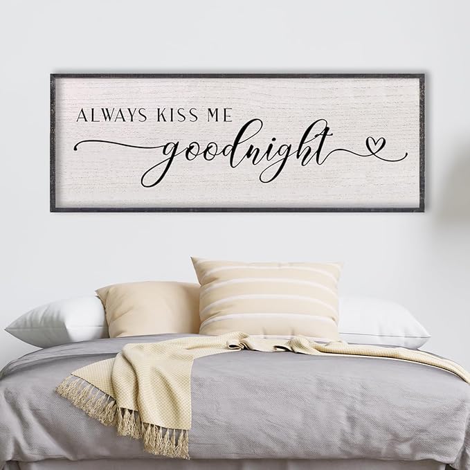 LuZhiQiang Above Bed Love Theme Wall Decor Always Kiss Me Goodnight Sign 40"×15" Wood Framed for Master Bedroom Over Bed Wall Art (Black)