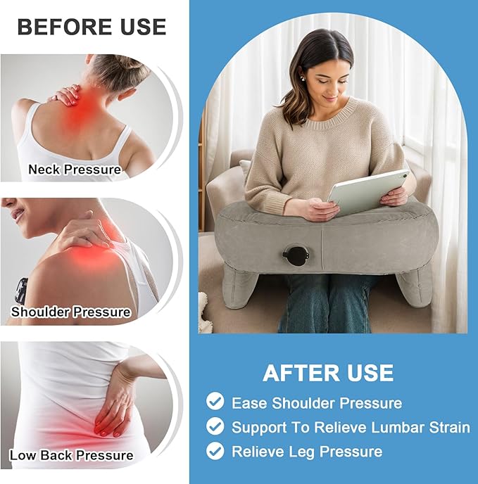 Reading Pillow for Gaming, Memory Foam Gaming Pillow for Lap with Coaster, Hight Adjustable Lap Desk Pillow for Reading, Working, Crocheting or Sitting in Bed Floor Sofa (Grey)